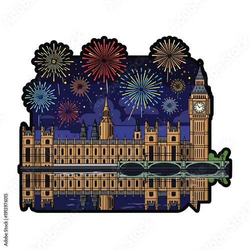 Celebratory fireworks display over the London cityscape at night with Big Ben and Westminster Bridge