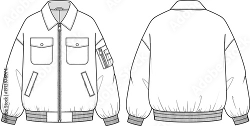 Utility bomber jacket technical fashion illustration with front and back views zip closure pockets vector apparel template