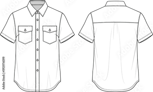 Short sleeve utility button up shirt technical fashion illustration with dual chest pockets front and back views vector