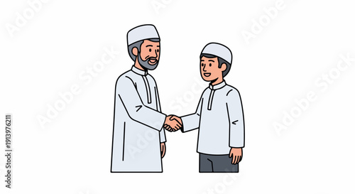 Illustration of two Muslim men in traditional attire shaking hands on a white background with a neutral mood.