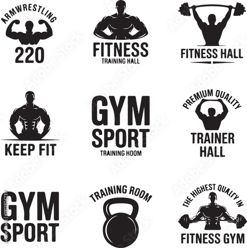 black and white gym sport fitness labels with strong men and exercise equipment