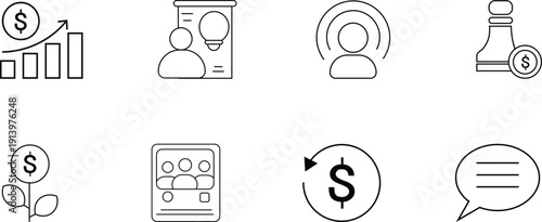 Finance and Investment Line Icons Set with Profit Growth, Banking, Money Exchange, Wallet and Financial Analytics, Transparent Background.