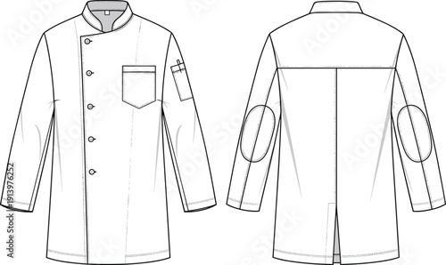 Professional chef coat technical fashion illustration with front and back views double breasted buttons vector apparel template