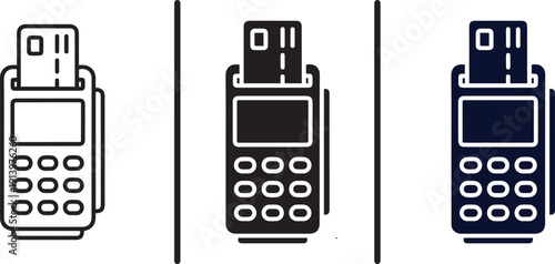 Three payment terminal icons in different colors on a white background
