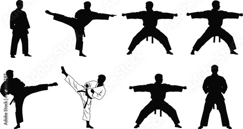 Set of martial arts karate silhouettes performing kicks, stances, and fighting techniques, traditional combat training poses, self defense sport figures isolated on white background
