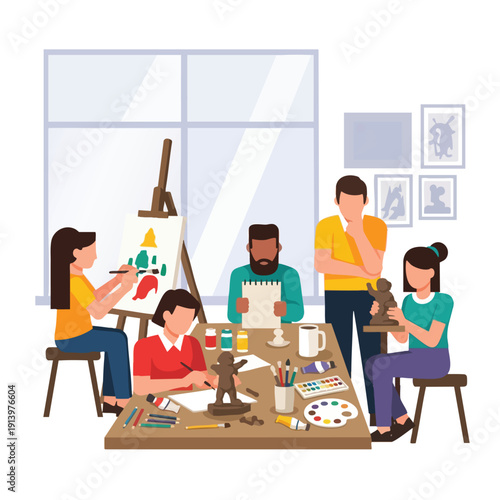 Creative Art Class with Kids Engaged in Painting and Drawing Activities