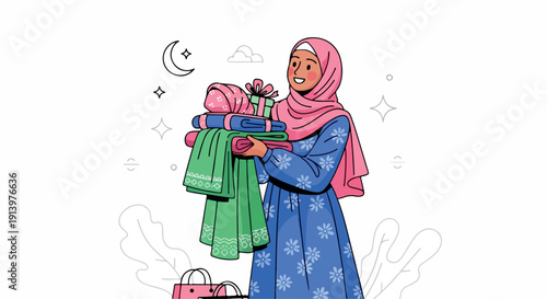 A smiling woman wearing a hijab and blue dress holding colorful clothing and a gift against a whimsical background with moon and stars.