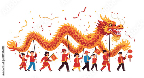 Illustration of a dragon dance performance with people in traditional clothing carrying a large dragon puppet with confetti on a white background.