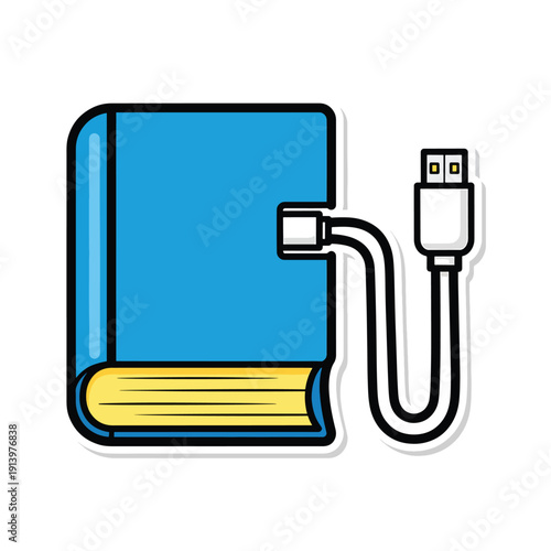 Illustration of a blue book with a USB cable plugged into it, symbolizing digital data transfer and modern technology
