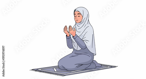 Illustration of a woman wearing a hijab sitting on a prayer mat with hands in prayer position against a white background.