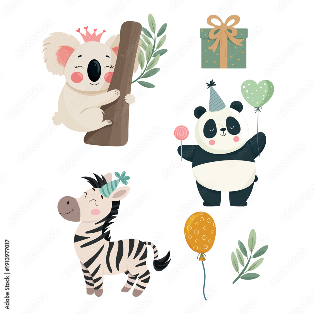 Fototapeta premium Cute safari birthday animals set with koala, panda and zebra in party hats, balloons and gift box. Adorable pastel jungle characters isolated on white background for kids celebration design.