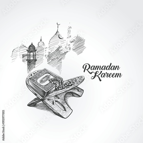 The Holy Book of the Quran on the Stand with Ramadan Kareem Text