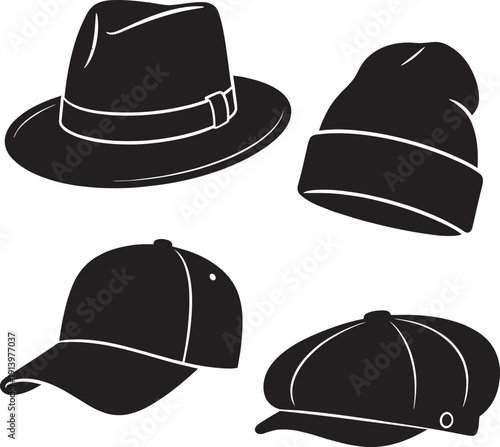 A detailed collection of diverse vector silhouettes representing various types of hats and caps for fashion and design projects.