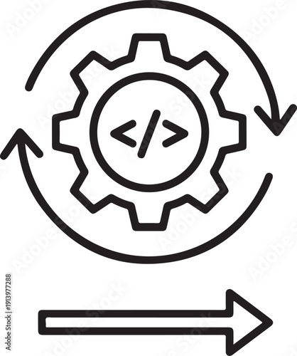 A circular black and white design featuring mountains fields a sun and a hop cone