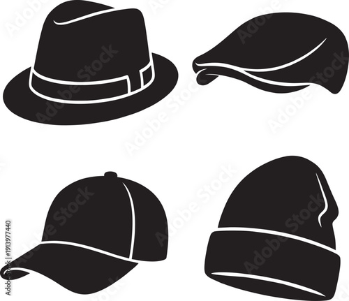 A collection of vector silhouettes of various hats and caps including baseball caps, beanies, sun hats, and fedoras isolated on a white background.