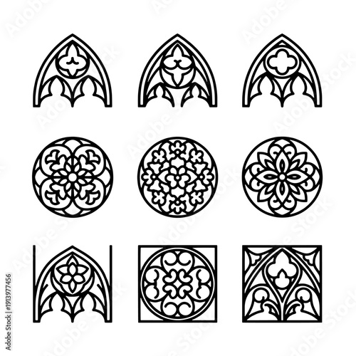Gothic architectural ornamental elements, ornate tracery and decorative patterns for design inspiration