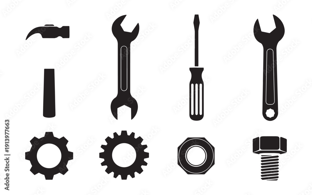 Fototapeta premium Mechanical Parts Icons: Nuts, Bolts, Gears, Hammer, Wrenches, Screwdriver