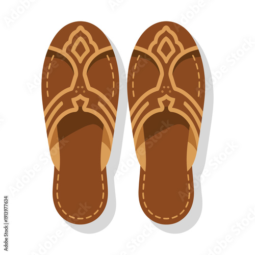 Traditional leather slippers with decorative ethnic embroidery isolated on white background showing cultural footwear design for comfortable indoor use and artisanal craftsmanship