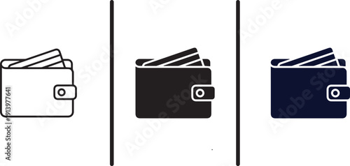 A set of three wallet icons in different colors on a white background