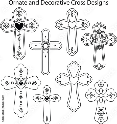 A set of ornate and decorative black outline Christian cross designs featuring floral and heart motifs