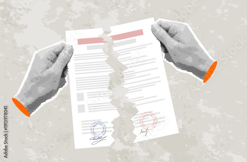 Trendy halftone collage Businessman hands tearing apart contract. Contract termination concept. vector illustration. Trendy newspaper cut out paper elements	