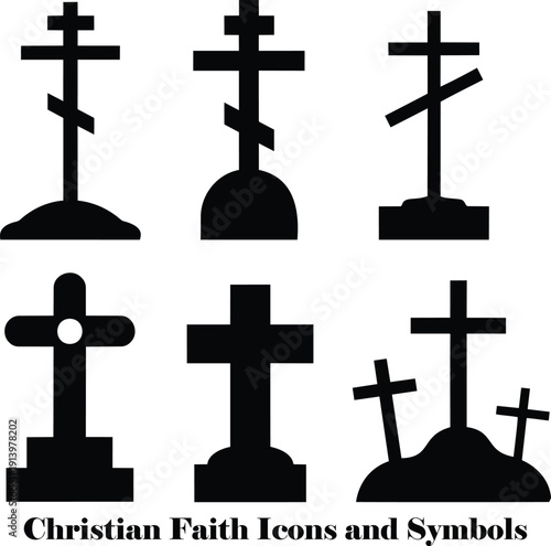 Black silhouette Christian faith icons depicting various cross designs and religious symbols