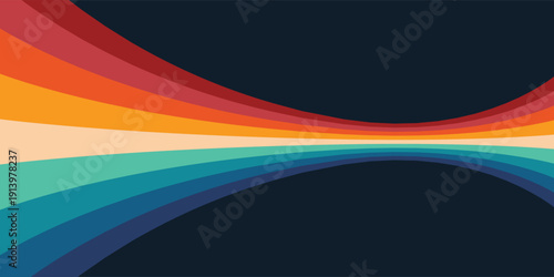 Abstract colorful 70s background vector. Vintage retro style wallpaper with lines, rainbow wavy stripes. 1970 color illustration design suitable for poster, banner, decorative, wall art.