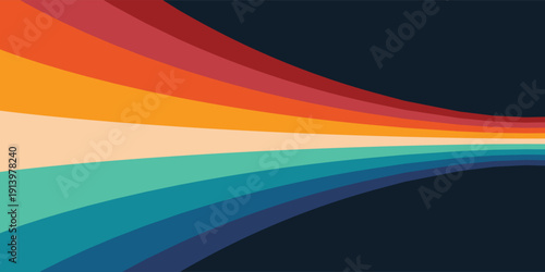 Abstract colorful 70s background vector. Vintage retro style wallpaper with lines, rainbow wavy stripes. 1970 color illustration design suitable for poster, banner, decorative, wall art.