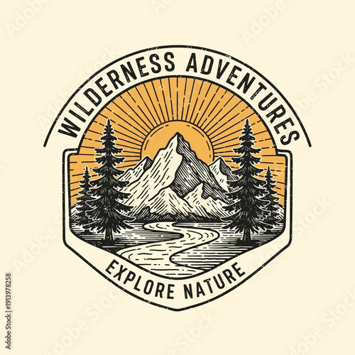 Vintage Wilderness Adventures Badge Design Featuring Majestic Mountains, Radiant Sun, Pine Trees, and Winding River for Outdoor Exploration and Nature Enthusiasts