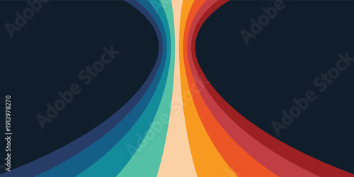 Abstract colorful 70s background vector. Vintage retro style wallpaper with lines, rainbow wavy stripes. 1970 color illustration design suitable for poster, banner, decorative, wall art.