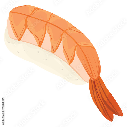 Close-up studio shot of a delicious piece of shrimp nigiri sushi