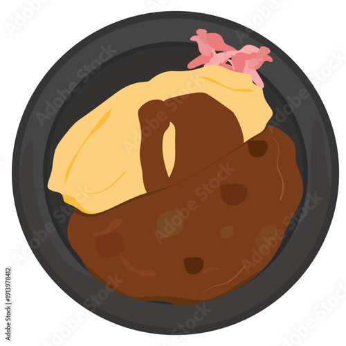 Delicious food with fluffy omelet and a brown base, placed on a black plate. The food looks savory and appetizing, ready to eat