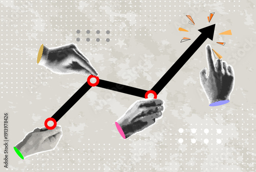 Data analytics concept. Halftone hands hold sales graph. Modern collage design. Pop art. Growth chart. Successful business performance. Financial success. Achieving high results	