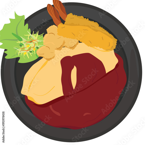 Exquisite Shrimp Tempura with Rice Dish: A top-down view of a plate showcases delicious tempura with a perfect sauce