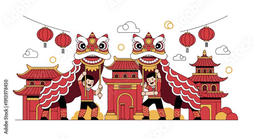 Illustration of a Chinese lion dance performance with red lanterns and pagodas on a white background with festive elements.