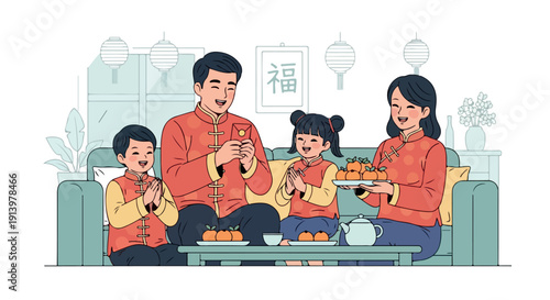 Illustration of a family in traditional Chinese clothing sitting on a couch eating oranges in a warm, festive atmosphere with a shallow depth of field.
