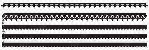 Scalloped edge seamless vector set. Simple scalloped border shape. Scalloped border. Texture ribbons illustration isolated on transparent background. EPS 10.