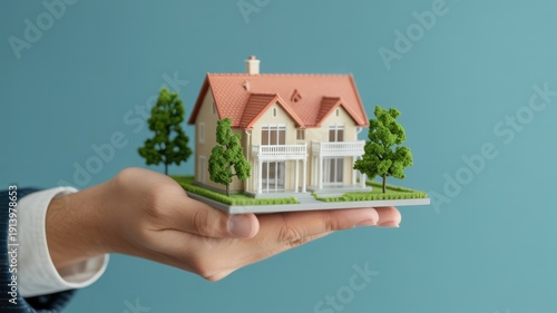 Miniature house model in hand with orange roof and green trees in soft blue background for real estate advertising