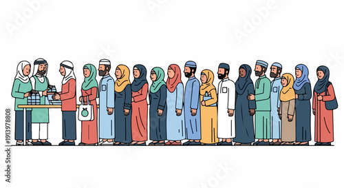 Diverse group of people wearing traditional clothing and headscarves standing in a line on a white background with colorful flat illustration style.