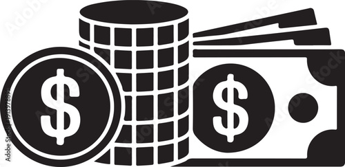 black and white illustration of money coins and banknotes