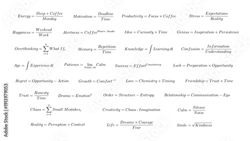 Set of 30 humorous and inspirational life equations presented in mathematical formula style. Creative typography collection ideal for education, motivation, posters, media, prints and infographics