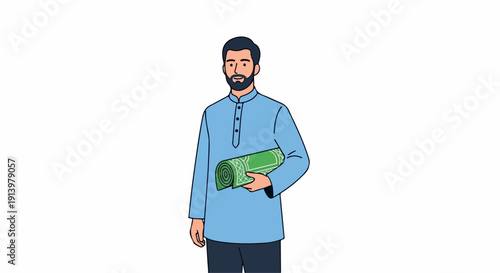 Illustration of a man in a blue shirt holding a green book against a plain white background with a simple and informative style.