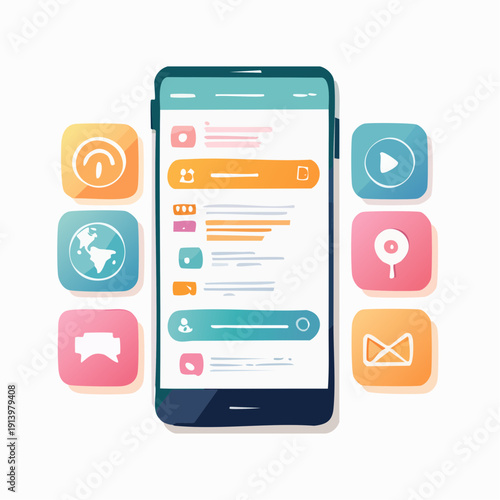 Modern Smartphone Interface with Messaging App and Essential Digital Service Icons, Illustrating Online Communication and Mobile Technology