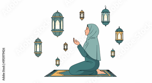 A woman wearing a hijab kneels on a prayer mat with hands raised in a serene environment surrounded by hanging lanterns.