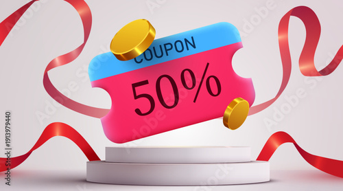 Vibrant 50 discount coupon on a pedestal, surrounded by golden coins and flowing red ribbons, symbolizing a special sale event. Vector illustration