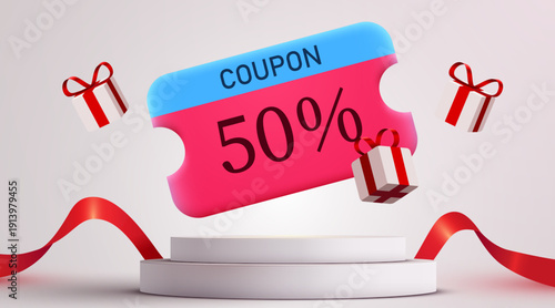 Special 50 discount coupon with gift boxes. Promotional sale background with podium and ribbon. Vector illustration.