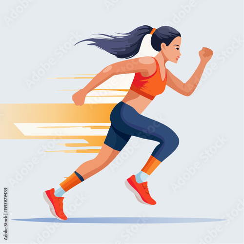 Dynamic vector illustration of a determined woman running with speed and powerful energy