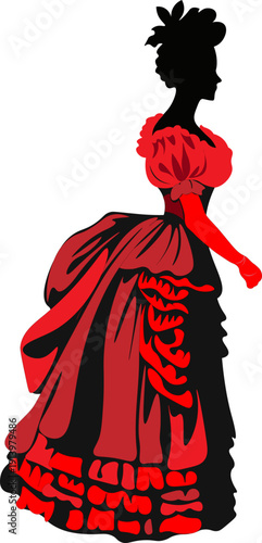 silhouette of a lady in a red Victorian dress