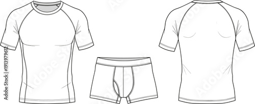 Men’s compression t-shirt and boxer briefs technical fashion illustration set with front and back views vector template for apparel design mockups