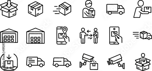 Collection of minimalist white line icons depicting essential logistics warehouse delivery shipping and transport concepts arranged neatly on a black background